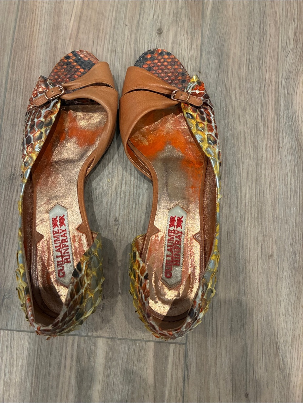 GUILLAUME HINFRAY brown  Leather Flats with Multicolor Snakeskin Trim SIZE 8